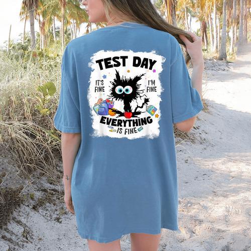 Test Day Stressed Cat Teacher Student Kids Testing Day Women's Comfort Colors T-Shirt Back Print - teacherstshirts.com