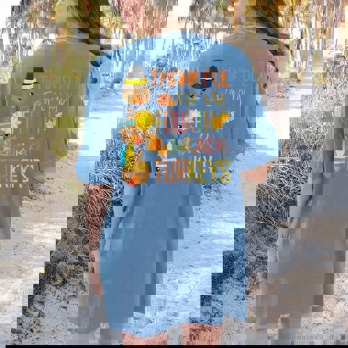 Thankful For My 4th Grade Turkey Thanksgiving Turkey Teacher Women&#x27;s Comfort Colors T-Shirt Back Print - teacherstshirts.com