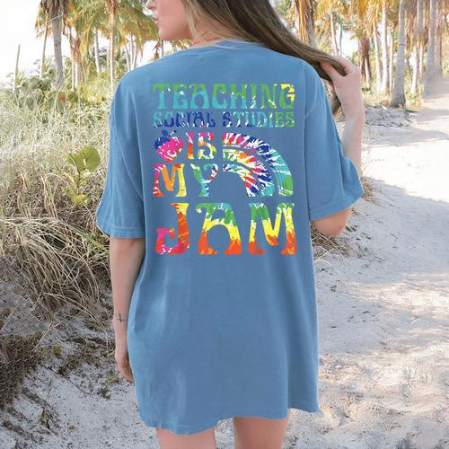 Tie Dye Teaching Social Studies Is My Jam Sunglasses Teacher Women's Comfort Colors T-Shirt Back Print - teacherstshirts.com AU