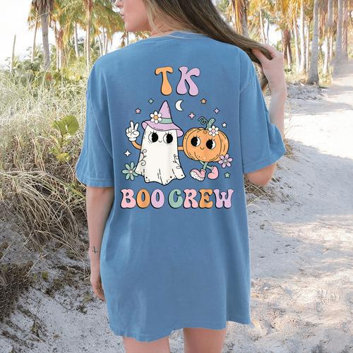 TK Boo Crew Retro Groovy Halloween Floral Ghost TK Teacher Men Women Kids Women's Comfort Colors T-Shirt Back Print - teacherstshirts.com