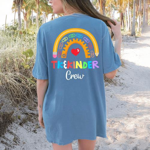 TK And Kinder Crew TK Teacher Transitional Kindergarten PreK Women's Comfort Colors T-Shirt Back Print - teacherstshirts.com UK