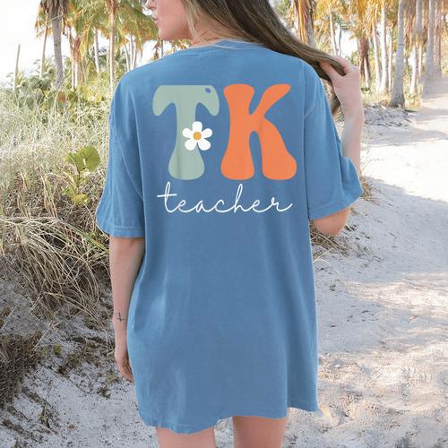 TK Teacher Retro Groovy Vintage Happy First Day Of School Women's Comfort Colors T-Shirt Back Print - teacherstshirts.com AU