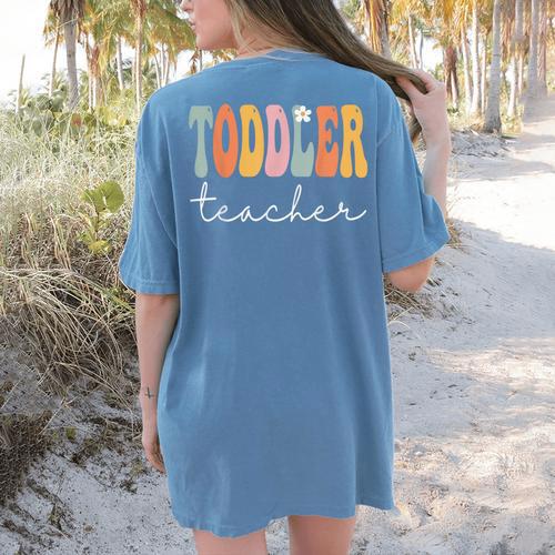 Toddler Teacher Retro Groovy Women Happy First Day Of School Women's Comfort Colors T-Shirt Back Print - teacherstshirts.com UK
