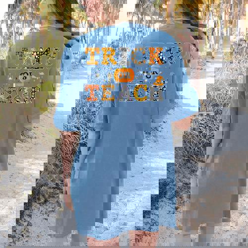 Trick Or Teach Funny School Teacher Halloween Costume Women&#x27;s Comfort Colors T-Shirt Back Print - teacherstshirts.com