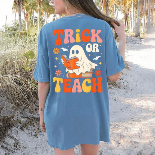 Trick Or Teach Halloween Shirt For Teacher Kids Floral Ghost Women's Comfort Colors T-Shirt Back Print - teacherstshirts.com AU