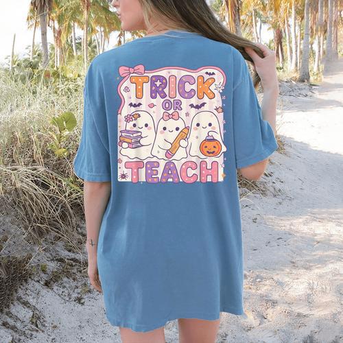 Trick Or Teach Retro Halloween Teacher Look Women's Comfort Colors T-Shirt Back Print - teacherstshirts.com UK