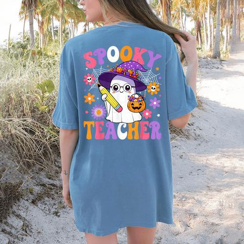 Trick Or Teach Spooky Teacher Ghost Halloween Teacher Women's Comfort Colors T-Shirt Back Print - teacherstshirts.com UK