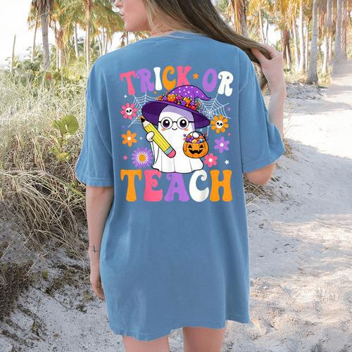 Trick Or Teach Teacher Ghost Teaching Fun Halloween Teacher Women's Comfort Colors T-Shirt Back Print - teacherstshirts.com AU