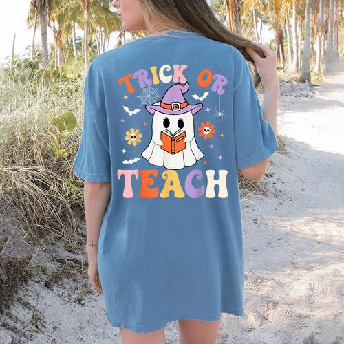 Trick Or Teach Teacher Groovy Ghost Halloween Teacher Women's Comfort Colors T-Shirt Back Print - teacherstshirts.com UK