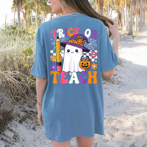 Trick Or Teach Teacher Pencil Ghost Halloween Teacher Women's Comfort Colors T-Shirt Back Print - teacherstshirts.com UK