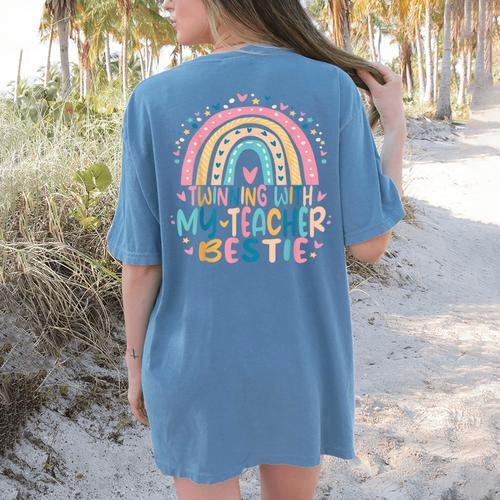 Twinning With My Teacher Bestie Rainbow Matching Teachers Women's Comfort Colors T-Shirt Back Print - teacherstshirts.com UK