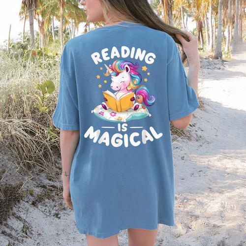 Unicorn Teacher Reading Is Magical Book Women's Comfort Colors T-Shirt Back Print - teacherstshirts.com UK