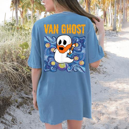 Van Ghost Art Teacher Halloween Van Gogh Starry Night Women's Comfort Colors T-Shirt Back Print - teacherstshirts.com DE