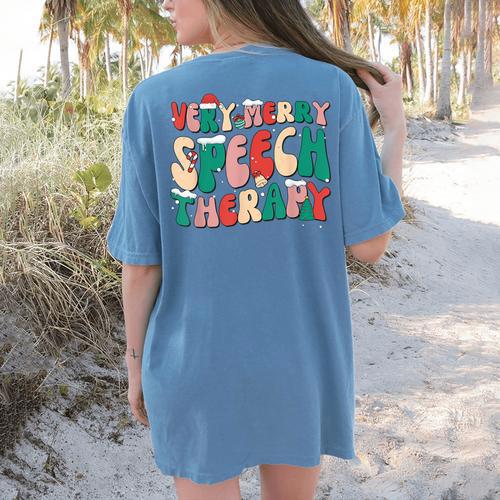 Verry Merry Speech Language Pathologist Teacher Christmas Women's Comfort Colors T-Shirt Back Print - teacherstshirts.com