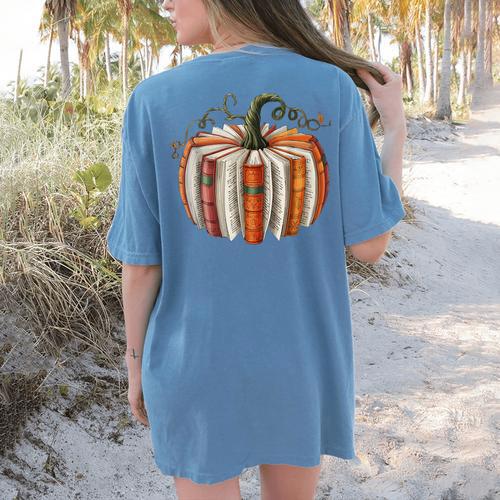 Vintage Book Pumpkin Autumn Fall Librarians Bookworm Teacher Women's Comfort Colors T-Shirt Back Print - teacherstshirts.com UK