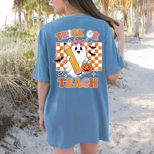 Vintage Teacher Shirt Women Trick Or Teach Halloween Women's Comfort Colors T-Shirt Back Print - teacherstshirts.com