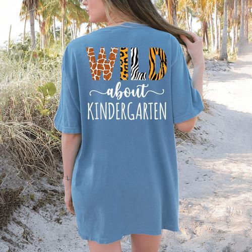 Wild About Kindergarten Teacher Leopard Print Women's Comfort Colors T-Shirt Back Print - teacherstshirts.com AU