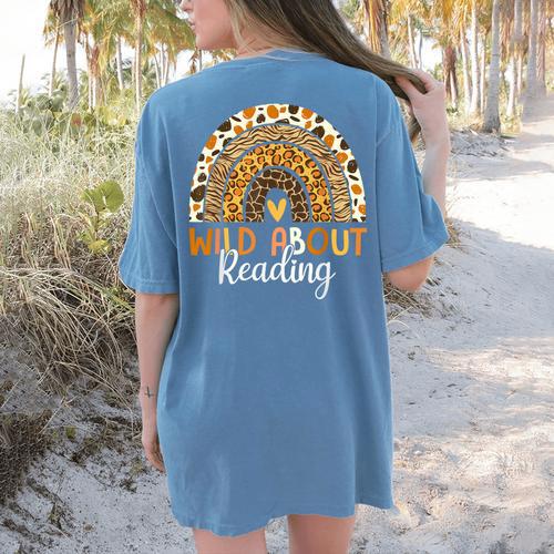 Wild About Reading Teacher Back To School Leopard Rainbow Women's Comfort Colors T-Shirt Back Print - teacherstshirts.com