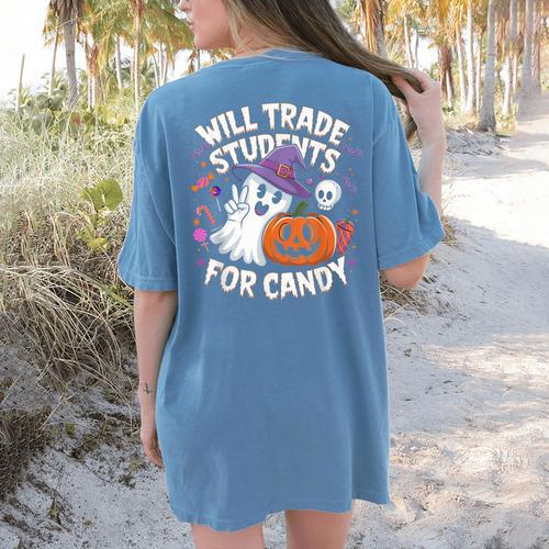 Will Trade Students For Candy Halloween Teacher Women's Comfort Colors T-Shirt Back Print - teacherstshirts.com UK