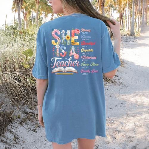 Women Bible Verse Christian Teacher God Says Back To School Women's Comfort Colors T-Shirt Back Print - teacherstshirts.com CA