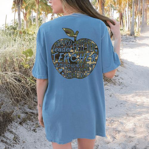 Apple Camoflauge Clothing Camo Student Teacher Cute School Women's Comfort Colors T-Shirt Back Print - teacherstshirts.com CA