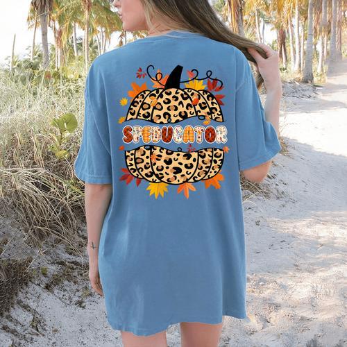Autumn Fall SPED ED Teacher Thankful Grateful Pumpkin Retro Women's Comfort Colors T-Shirt Back Print - teacherstshirts.com CA