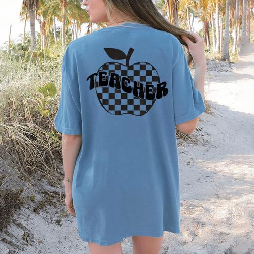 Back To School Checkered Apple Teacher Checkerboard Teacher For Men Women Girls Kids Women's Comfort Colors T-Shirt Back Print - teacherstshirts.com DE
