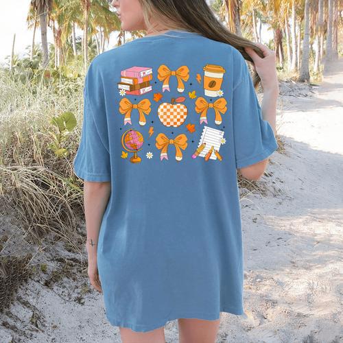 Coquette Bow Teacher Thanksgiving Fall Autumn Girls Women Women's Comfort Colors T-Shirt Back Print - teacherstshirts.com AU