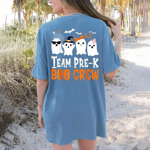 Cute Ghost Team Pre K Boo Crew Halloween Teacher Student Women's Comfort Colors T-Shirt Back Print - teacherstshirts.com AU
