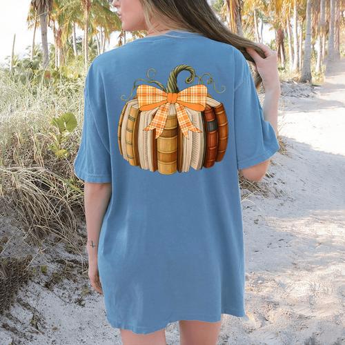 Fall Book Pumpkin Halloween Teacher Librarian Thanksgiving Women's Comfort Colors T-Shirt Back Print - teacherstshirts.com DE