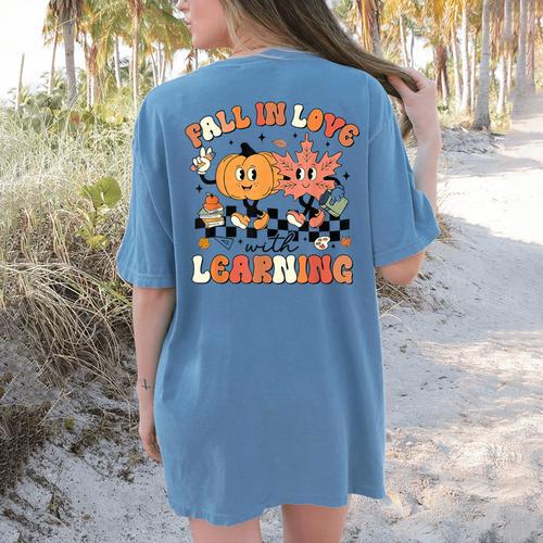 Fall In Love With Learning Teacher Retro Thanksgiving Women's Comfort Colors T-Shirt Back Print - teacherstshirts.com CA