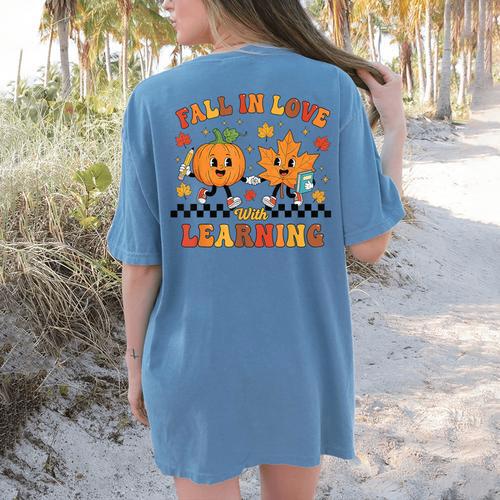 Fall In Love With Learning Teacher Student Autumn Pumpkin Women's Comfort Colors T-Shirt Back Print - teacherstshirts.com UK