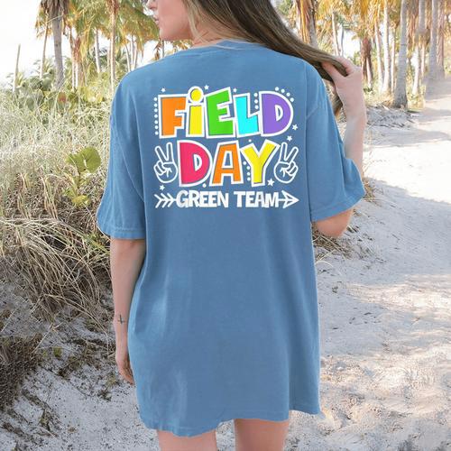Field Day Green Team For Teacher Kids Field Day Games Women's Comfort Colors T-Shirt Back Print - teacherstshirts.com