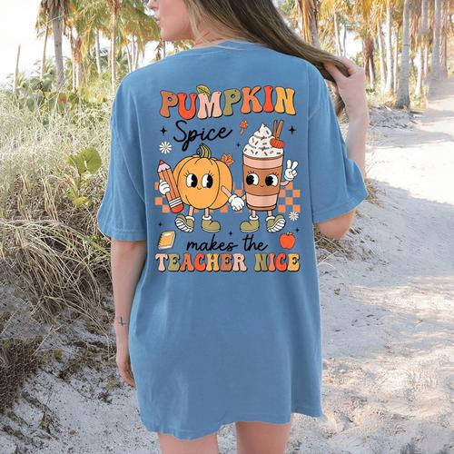 Groovy Pumpkin Spice Makes Teacher Nice Fall Thanksgiving Women's Comfort Colors T-Shirt Back Print - teacherstshirts.com