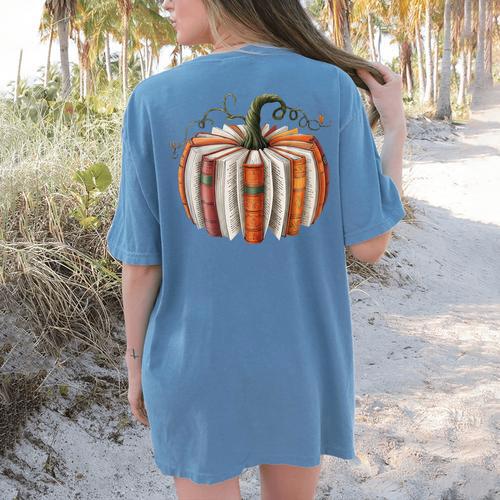 Halloween Teacher Librarians Fall Book Pumpkin Retro Reading Women's Comfort Colors T-Shirt Back Print - teacherstshirts.com UK