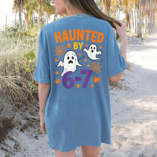 Haunted 67 Ghost Math Teacher Halloween Costume Math Pun Women's Comfort Colors T-Shirt Back Print - teacherstshirts.com