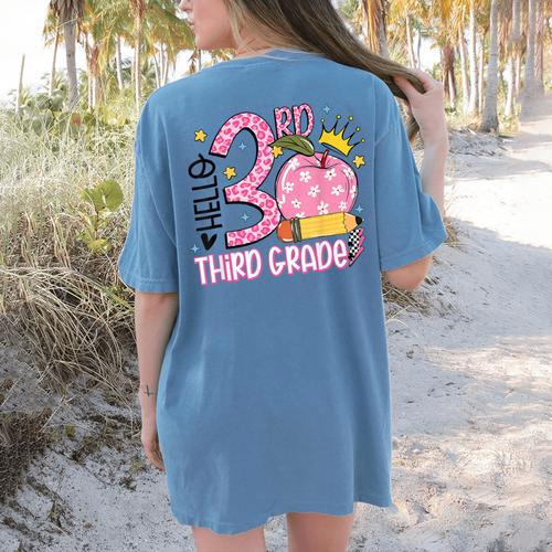 Hello 3rd Third Grade Back To School Pink Leopard Teacher Women's Comfort Colors T-Shirt Back Print - teacherstshirts.com DE