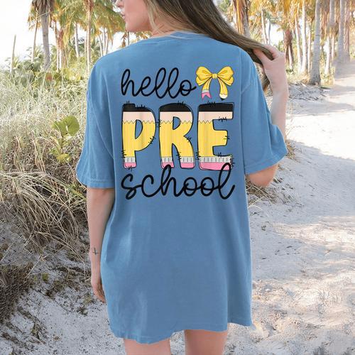 Hello Pre-K Preschool Back To School First Day Teacher Kids Women's Comfort Colors T-Shirt Back Print - teacherstshirts.com