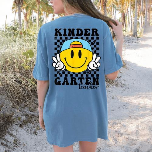 Kindergarten Teacher Hippie Smile Face Back School Women's Comfort Colors T-Shirt Back Print - teacherstshirts.com AU