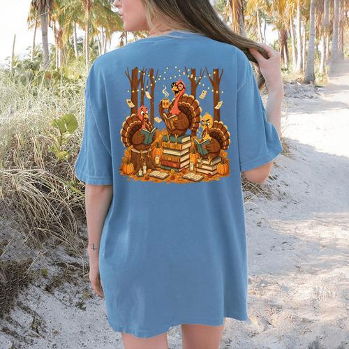 Librarian Turkey Reading Book Fall Thanksgiving Teacher Book Women's Comfort Colors T-Shirt Back Print - teacherstshirts.com