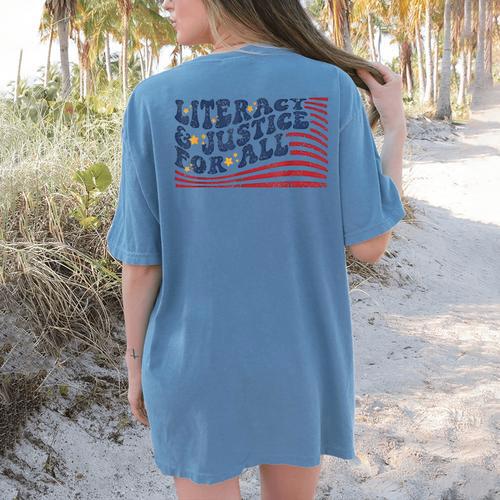 Literacy Justice For All Teacher Women's Comfort Colors T-Shirt Back Print - teacherstshirts.com
