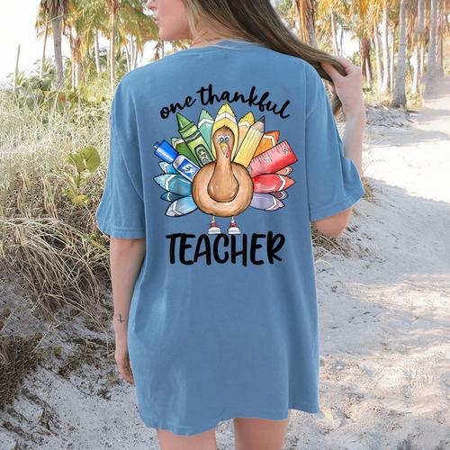 One Thankful Teacher Turkey Pencil Thanksgiving Teachers Women's Comfort Colors T-Shirt Back Print - teacherstshirts.com DE