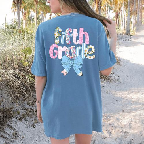 Preppy Fifth Grade Teacher Blue Floral Coquette Pencil Bow Women's Comfort Colors T-Shirt Back Print - teacherstshirts.com