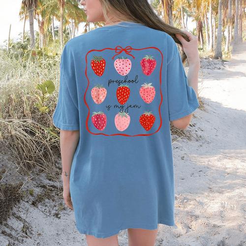 Preschool Is My Jam Strawberry Teacher First Day Of School Women's Comfort Colors T-Shirt Back Print - teacherstshirts.com UK