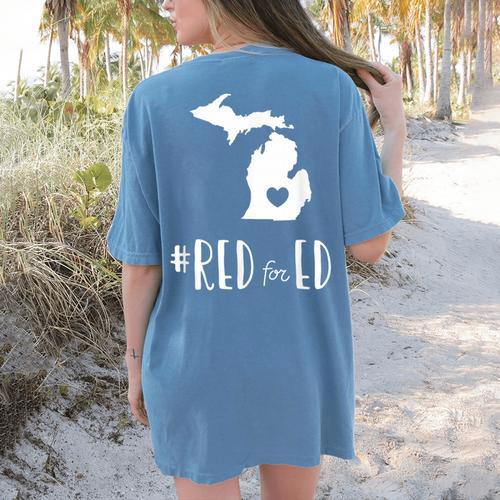 Red For Ed Michigan Teacher Public Education Women's Comfort Colors T-Shirt Back Print - teacherstshirts.com AU