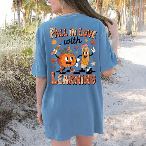 Retro Fall In Love With Learning Autumn Pumpkin Teacher Kids Women's Comfort Colors T-Shirt Back Print - teacherstshirts.com DE