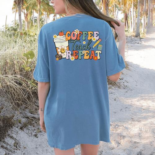 Retro Grovvy Coffee Teach Repeat Teacher Women's Comfort Colors T-Shirt Back Print - teacherstshirts.com AU