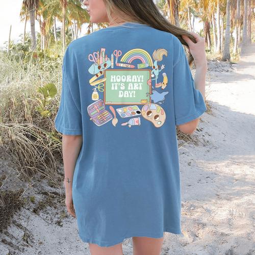 Retro Hooray It's Art Day Art Teacher Back To School Women Women's Comfort Colors T-Shirt Back Print - teacherstshirts.com