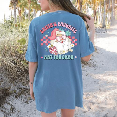 Retro Pink Christmas Santa's Favorite Art Teacher Artist Women's Comfort Colors T-Shirt Back Print - teacherstshirts.com