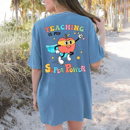 Retro Teaching Is My Superpower Apple Teacher Appreciation Women's Comfort Colors T-Shirt Back Print - teacherstshirts.com AU